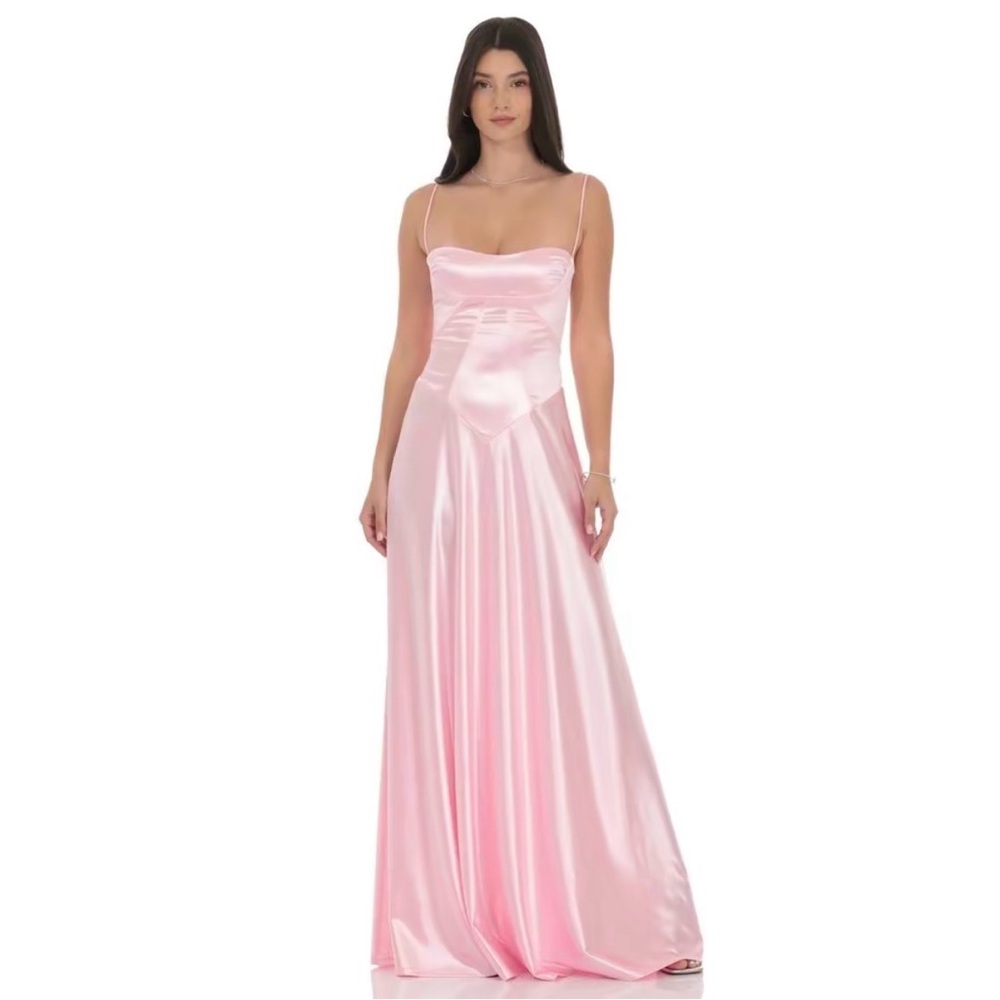 NWT Lucy in the Sky square neck satin maxi dress in pink